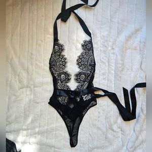 Elegant Lingerie Sheer Black Lace Deep-V Bodysuit with Ribbon Tie, Women's Small